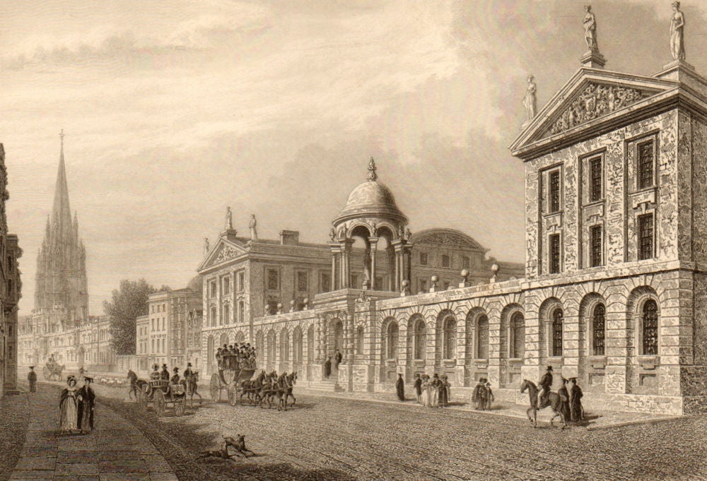 South front of Queens College, Oxford, by John Le Keux 1837 old antique print